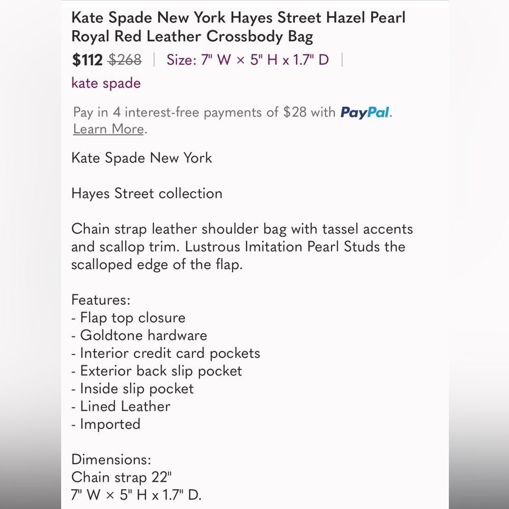Kate Spade New York Hayes Street Hazel Pearl Royal Red Leather Crossbody… - Picture 6 of 6